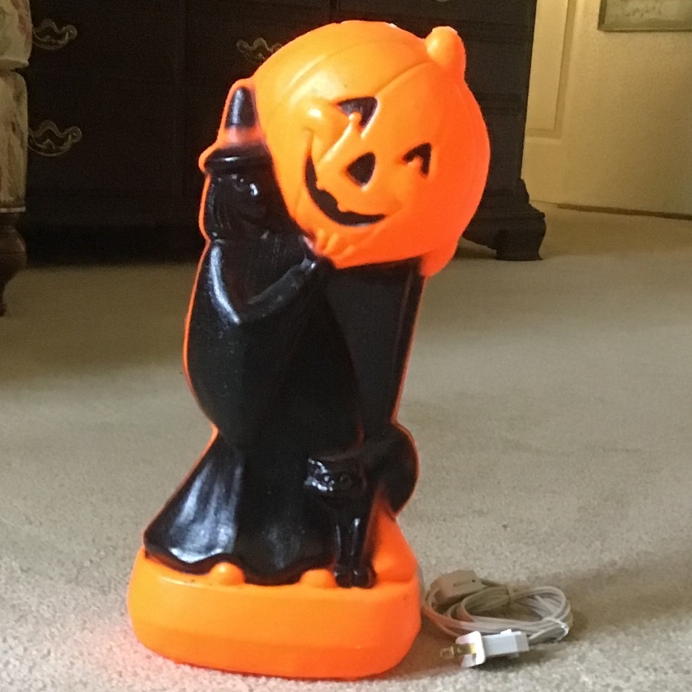 Vintage Halloween Witch Black Cat Pumpkin Blow Mold